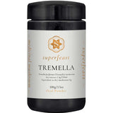 A black jar labeled Superfeast Tremella 100g features gold and white accents and "medicinal mushroom" on the side. It holds 100g of oral Tremella mushroom extract, promoted as a collagen alternative.