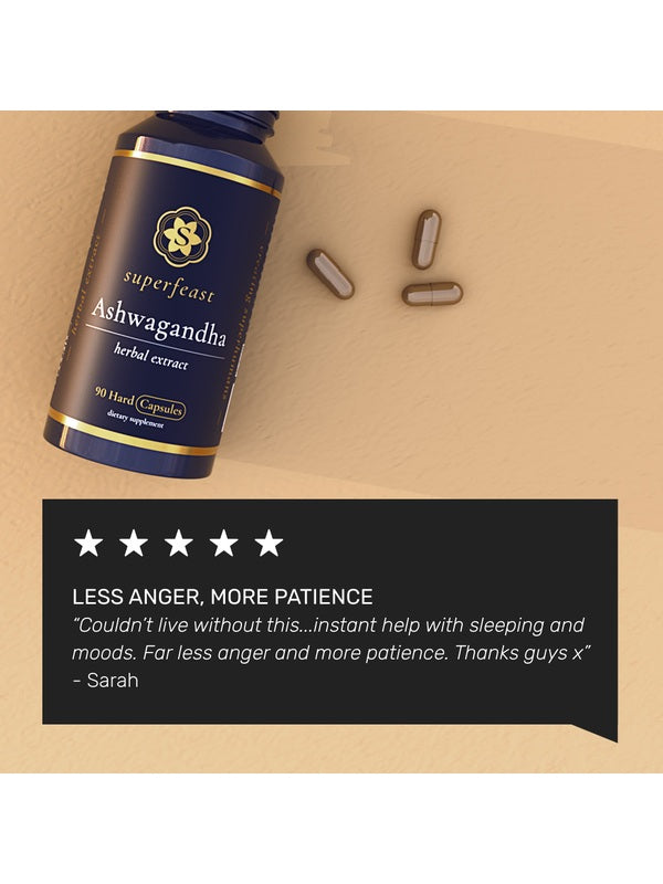 SuperFeast Ashwagandha capsules with customer testimonial