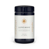 A dark blue cylindrical container labeled Superfeast Lion’s Mane features "brain & nerve protection" on the front, with gold text highlighting medicinal mushroom, memory support, and enhanced cognitive performance.