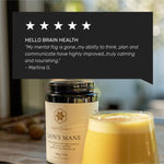 Lion's Mane tonic drink with customer testimonial