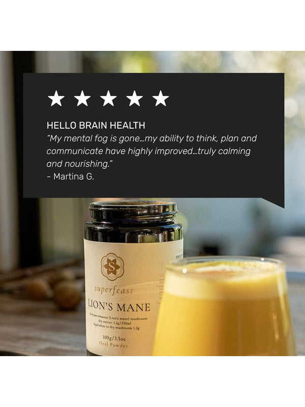 Lion's Mane tonic drink with customer testimonial