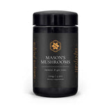A black jar labeled Superfeast Mason's Mushrooms: Immune & Gut Tonic, 100g dietary supplement with gold accents and white background, formulated with medicinal mushrooms to support immune and digestive health.