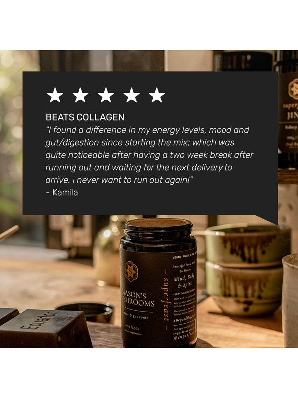 Mason's Mushrooms jar with customer testimonial