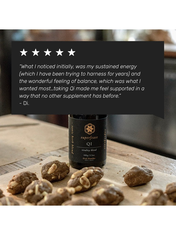 SuperFeast QI jar with customer testimonial