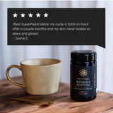Women's Rhythm tonic beside a cup with customer testimonial