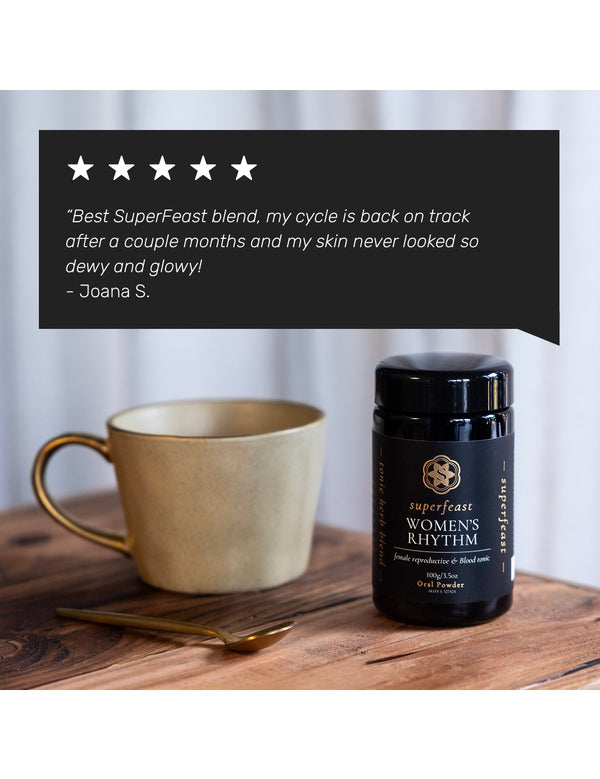 Women's Rhythm tonic beside a cup with customer testimonial