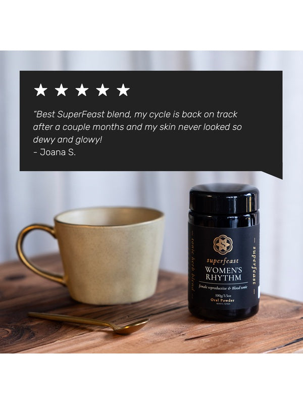 Women's Rhythm tonic beside a cup with customer testimonial