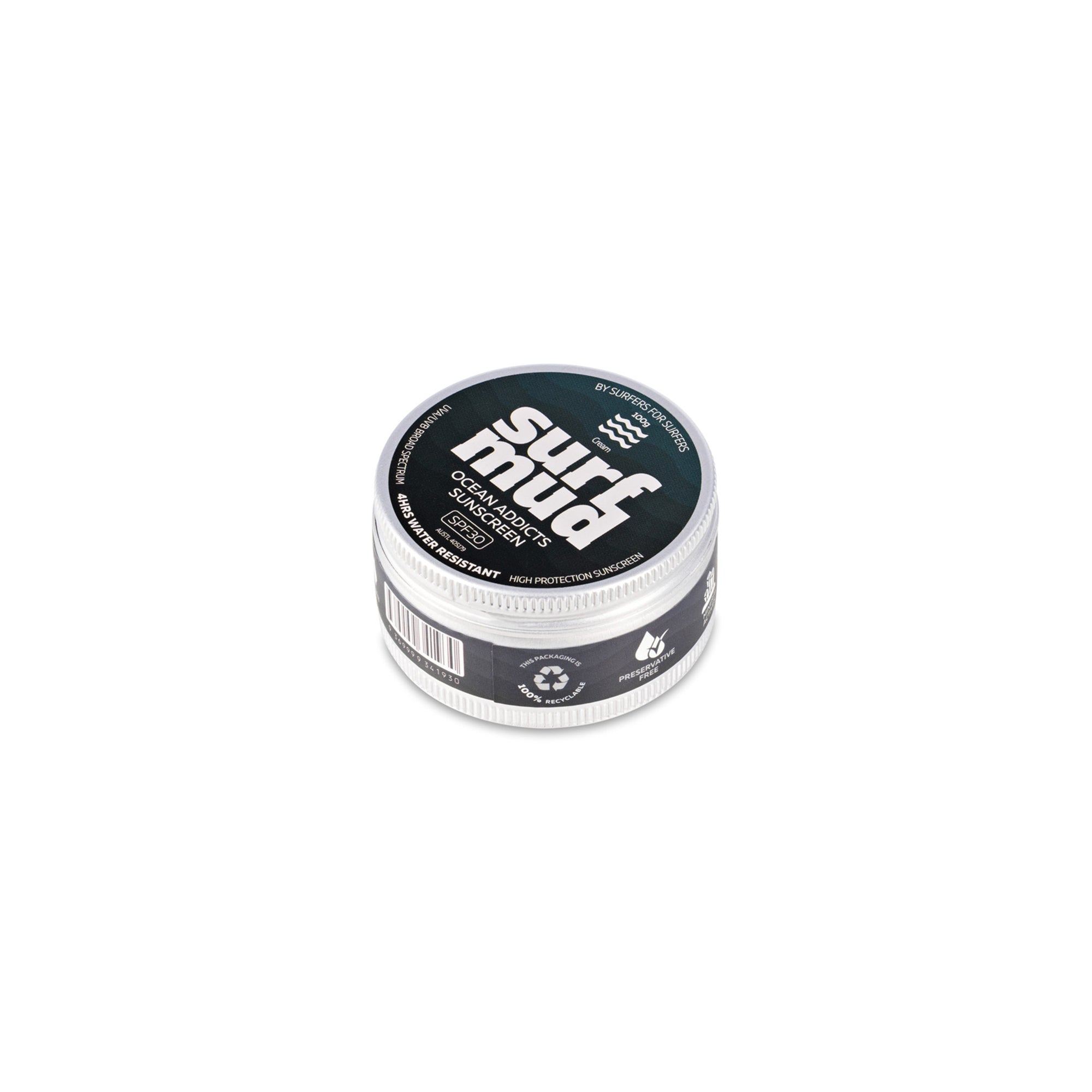 Surfmud Ocean Addicts SPF30 100g tin angled view