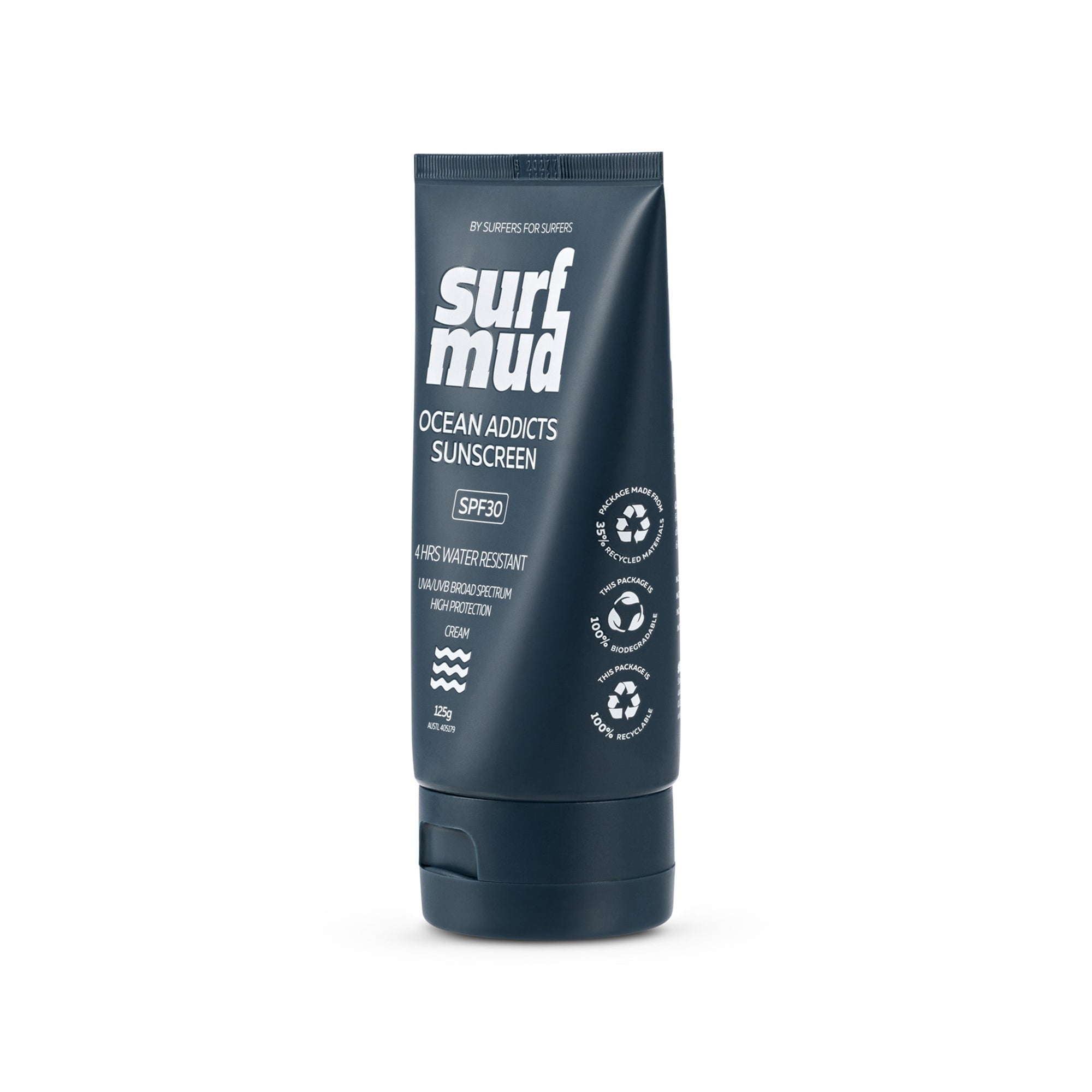 Surfmud Ocean Addicts SPF30 125g tube angled side view