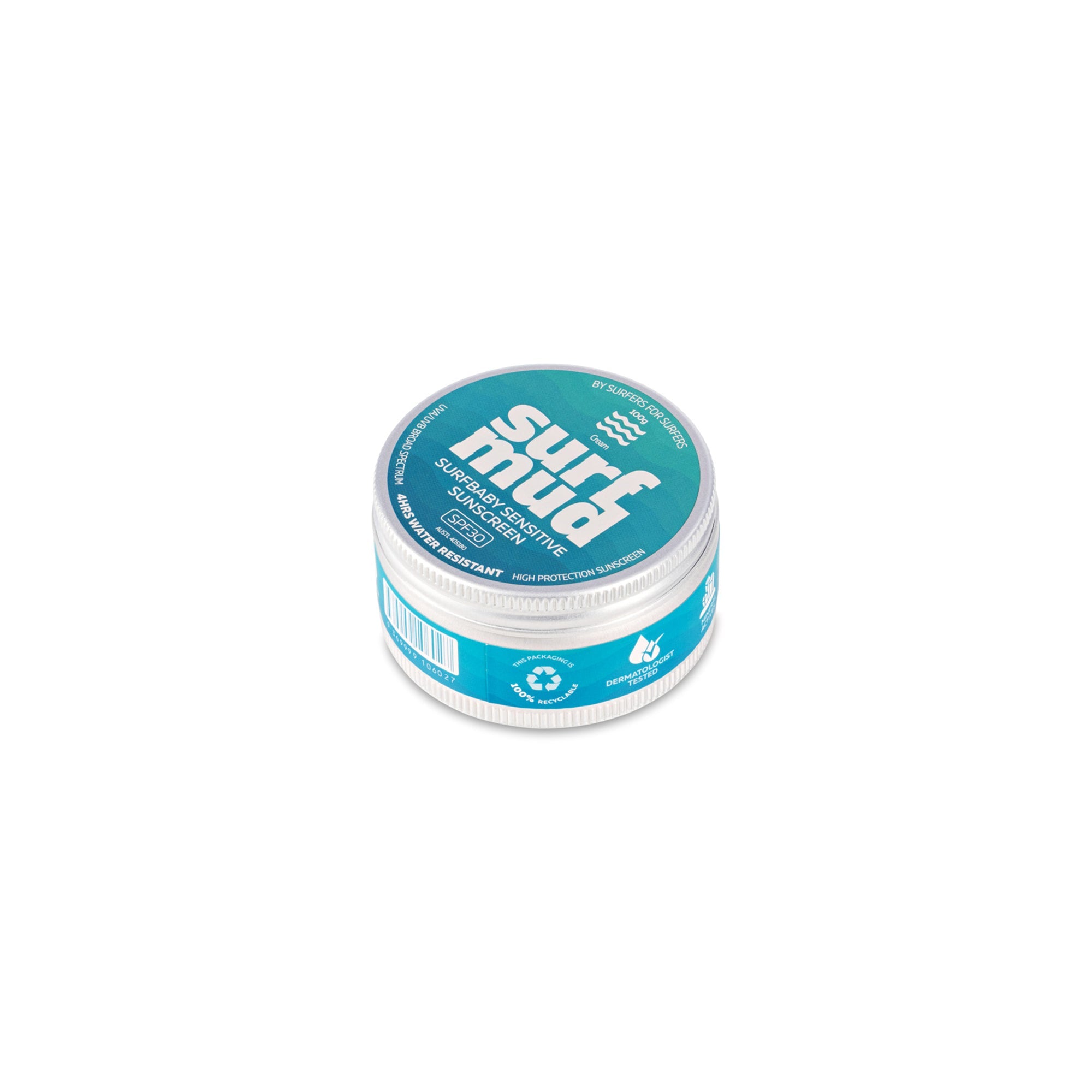 Surfmud Surfbaby Sensitive SPF30 100g tin angled view