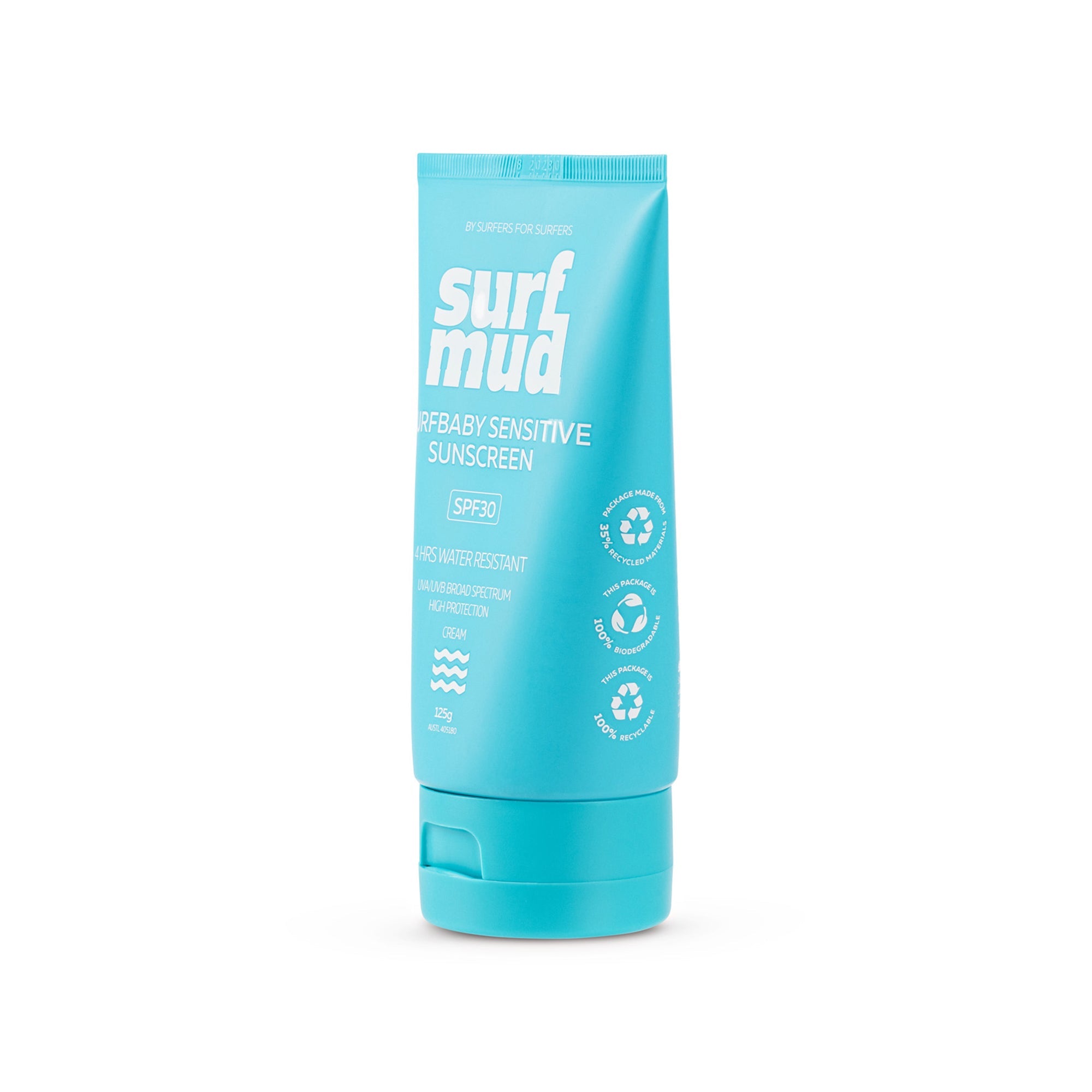 Surfmud Surfbaby Sensitive SPF30 125g tube angled side view