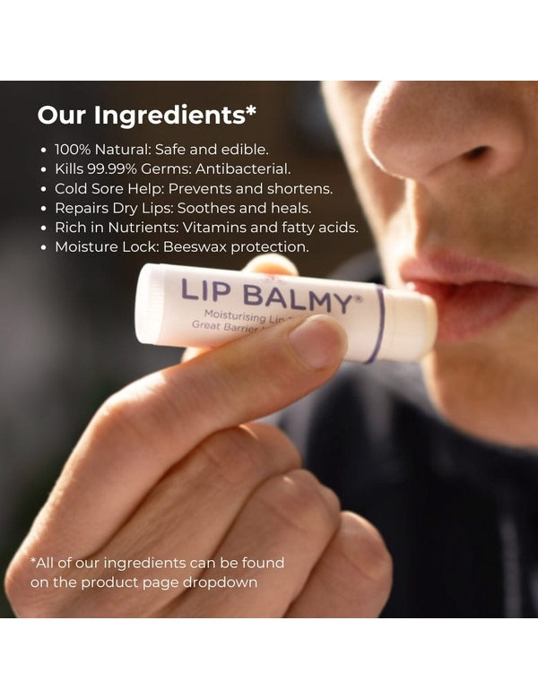 Sven's Island Lip Balmy being applied to the lips with natural ingredient benefits