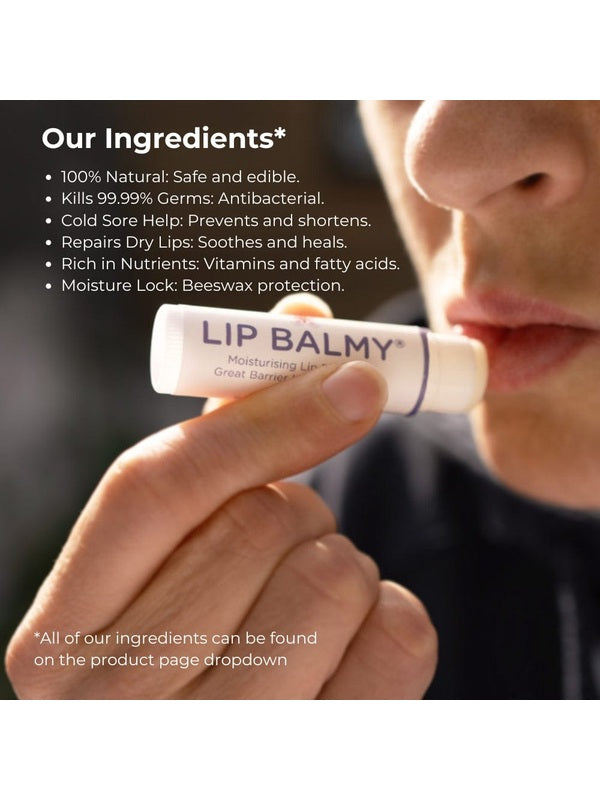 Sven's Island Lip Balmy being applied to the lips with natural ingredient benefits