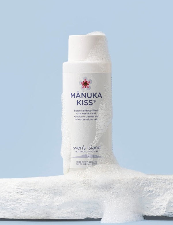 Sven's Island Manuka Kiss Gentle Barrier Body Wash styled with cleansing bubbles