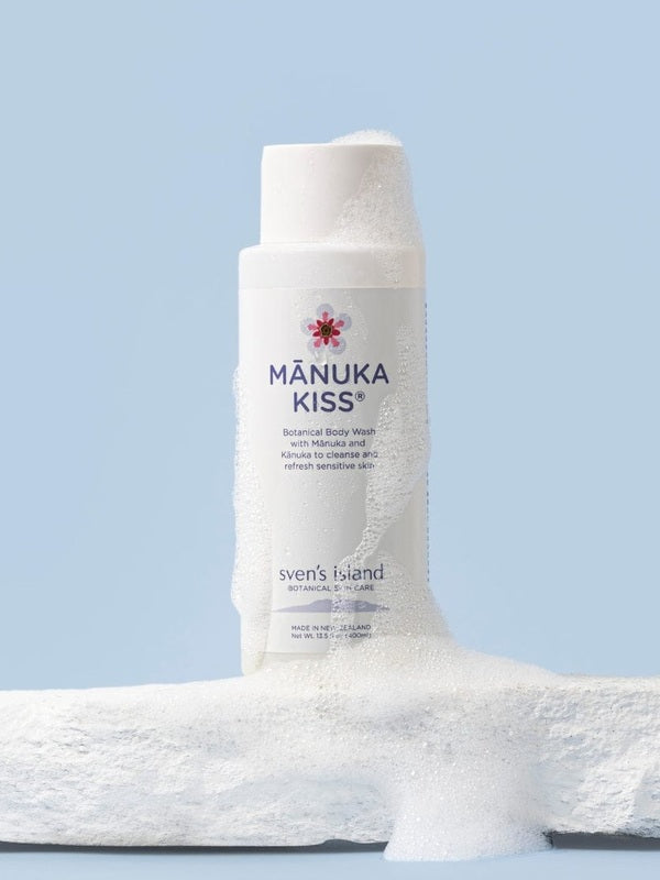 Sven's Island Manuka Kiss Gentle Barrier Body Wash styled with cleansing bubbles