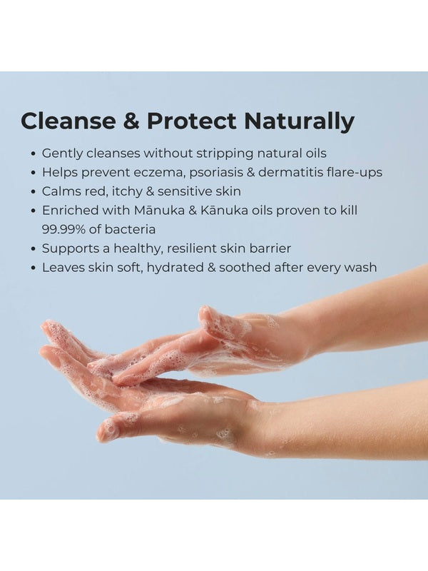 Hands being cleansed with Sven's Island Manuka Kiss Gentle Barrier Body Wash