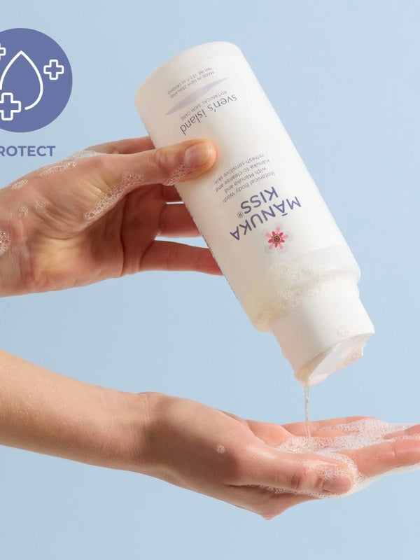 Sven's Island Manuka Kiss Gentle Barrier Body Wash being dispensed into a hand