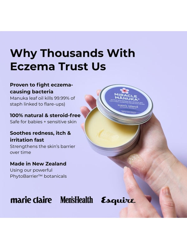 Sven's Island Miracle Manuka Flare Relief Balm held in hand with eczema benefits