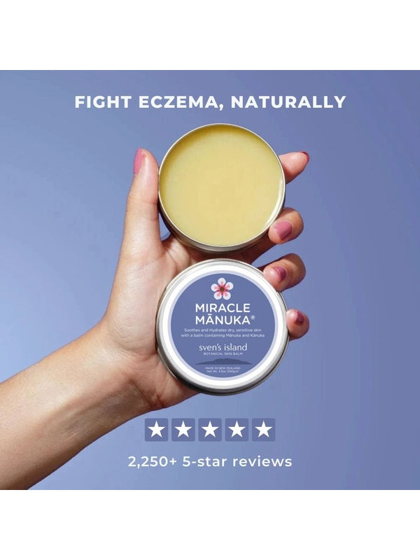 Sven's Island Miracle Manuka Flare Relief Balm held in hand with customer rating