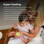 Mother holding a baby and Sven's Island Miracle Manuka Flare Relief Balm, with a Super Healing benefits list describing relief for eczema, psoriasis, dermatitis, dry skin and minor cuts.