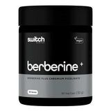 A black bottle of Switch Nutrition Berberine+ Plus Chromium Picolinate Capsules, vegan-friendly, with Berberis Aristata extract and chromium picolinate. Contains 90 vegetable capsules for 90 servings.
