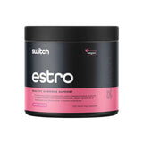 A black and pink container of Switch Nutrition Estro Healthy Hormone Support Capsules, a vegan supplement with 120 hard capsules, designed to support healthy hormone balance.