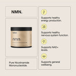 Switch Nutrition NMN capsules beside a benefits panel describing support for energy production, nervous system function, NAD+ levels and general wellbeing.