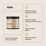 Switch Nutrition NMN capsules beside a benefits panel describing support for energy production, nervous system function, NAD+ levels and general wellbeing.