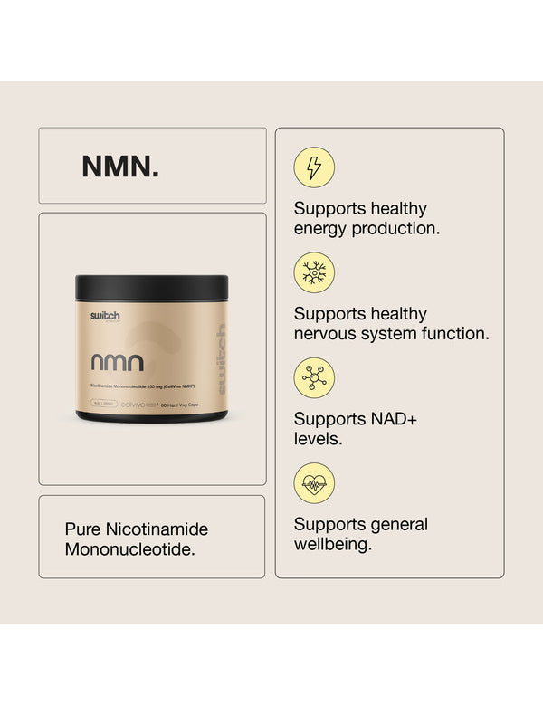 Switch Nutrition NMN capsules beside a benefits panel describing support for energy production, nervous system function, NAD+ levels and general wellbeing.