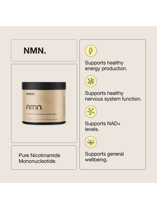 Switch Nutrition NMN capsules beside a benefits panel describing support for energy production, nervous system function, NAD+ levels and general wellbeing.