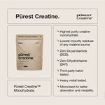 Switch Nutrition Purest Creatine Monohydrate infographic showing the pouch and purity benefits, including high-purity creatine, low impurity residues, batch testing and micronised powder.