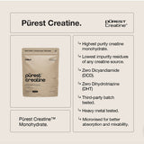 Switch Nutrition Purest Creatine Monohydrate infographic showing the pouch and purity benefits, including high-purity creatine, low impurity residues, batch testing and micronised powder.