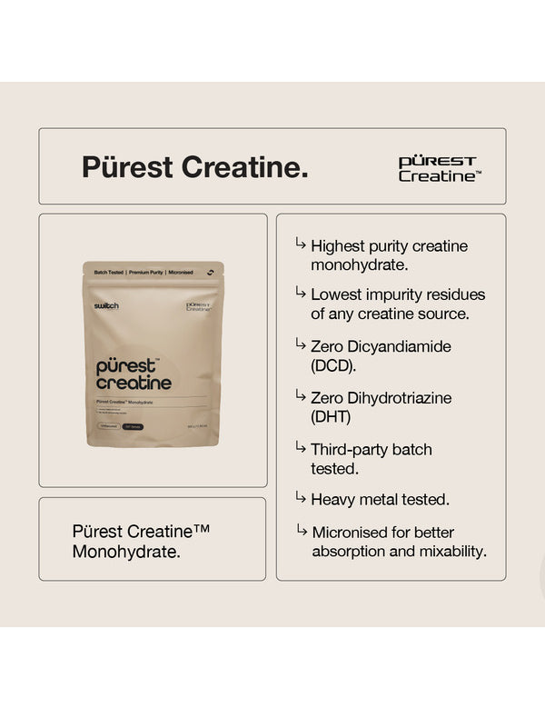 Switch Nutrition Purest Creatine Monohydrate infographic showing the pouch and purity benefits, including high-purity creatine, low impurity residues, batch testing and micronised powder.