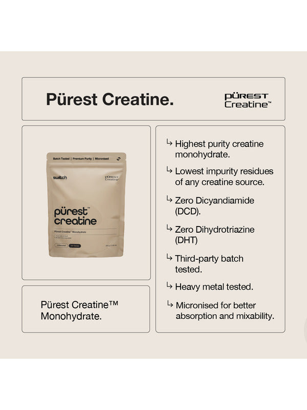 Switch Nutrition Purest Creatine Monohydrate infographic showing the pouch and purity benefits, including high-purity creatine, low impurity residues, batch testing and micronised powder.