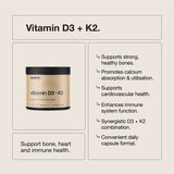 Switch Nutrition Vitamin D3 + K2 benefits graphic showing the supplement tub and text about bone, calcium, cardiovascular and immune health support.