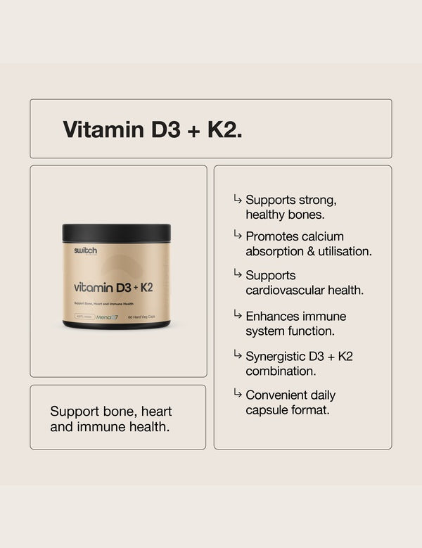 Switch Nutrition Vitamin D3 + K2 benefits graphic showing the supplement tub and text about bone, calcium, cardiovascular and immune health support.