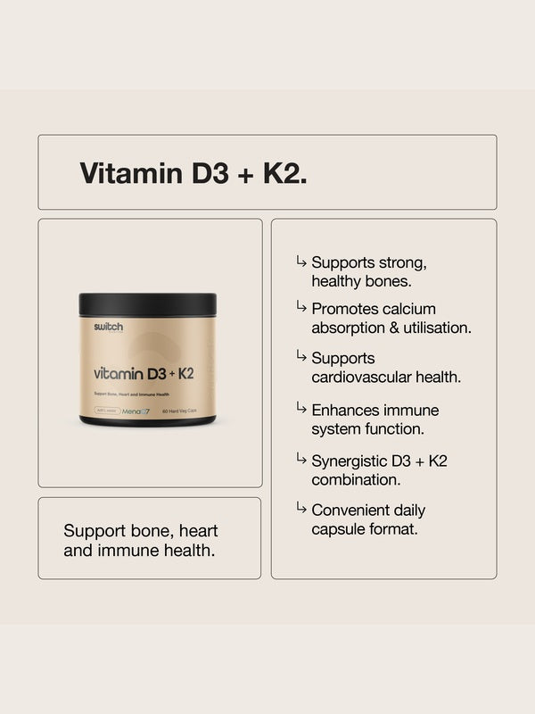 Switch Nutrition Vitamin D3 + K2 benefits graphic showing the supplement tub and text about bone, calcium, cardiovascular and immune health support.