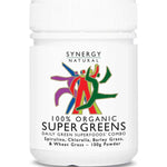 White Synergy Natural Organic Super Greens 100g powder bottle with a ribbed white screw lid and colourful stylised figures above the bold black product name.