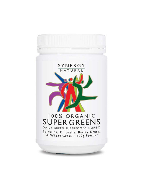 White Synergy Natural Organic Super Greens 500g powder tub with a broad white screw lid and colourful stylised figures above the bold black product name.