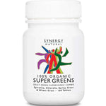 White Synergy Natural Organic Super Greens 100-tablet bottle with rounded shoulders and a ribbed white cap, with colourful stylised figures above the black product name.