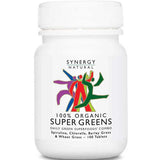 White Synergy Natural Organic Super Greens 100-tablet bottle with rounded shoulders and a ribbed white cap, with colourful stylised figures above the black product name.