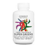 Large white Synergy Natural Organic Super Greens 500-tablet bottle with rounded shoulders and a white cap, with colourful stylised figures above the black product name.