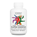 Large white Synergy Natural Organic Super Greens 500-tablet bottle with rounded shoulders and a white cap, with colourful stylised figures above the black product name.