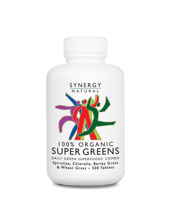 Large white Synergy Natural Organic Super Greens 500-tablet bottle with rounded shoulders and a white cap, with colourful stylised figures above the black product name.