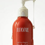 Tuttofare Not Your Regular Body Oil red bottle with pump on a cream background