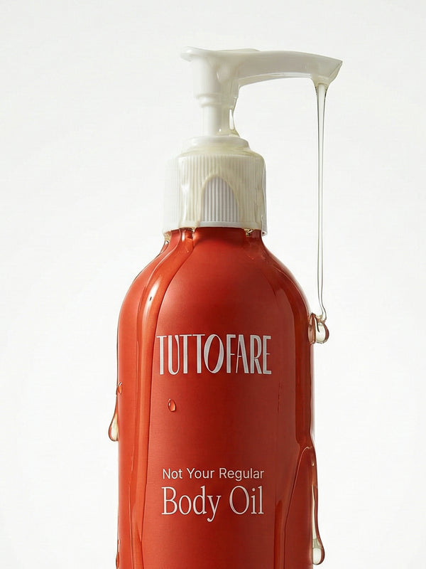 Tuttofare Not Your Regular Body Oil red bottle with pump on a cream background