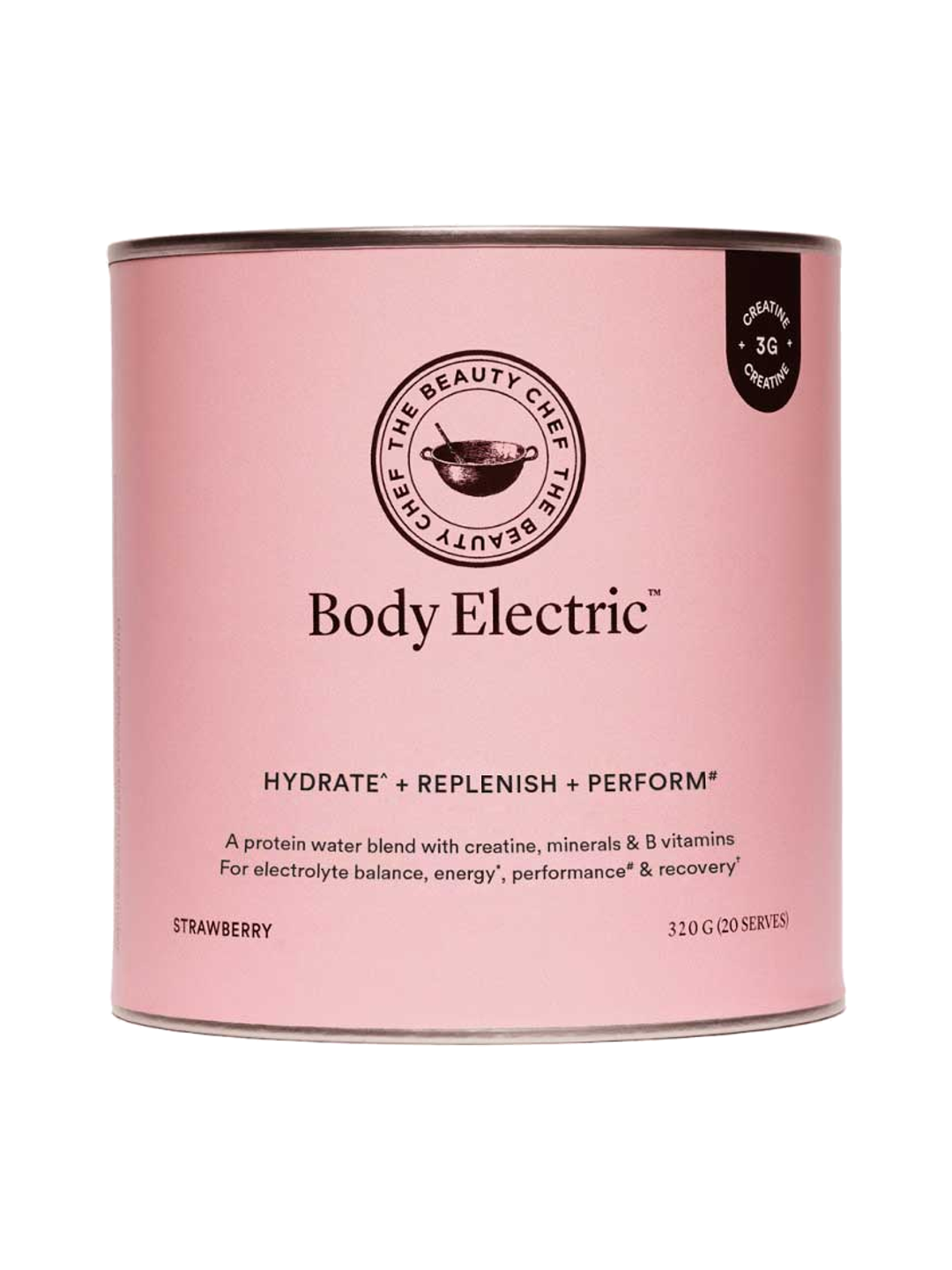 Pink cylindrical The Beauty Chef Body Electric Strawberry canister with thin metal rims, a black circular brand emblem above the product name and a small black creatine badge near the top edge.