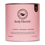 Pink cylindrical The Beauty Chef Body Electric Strawberry canister with thin metal rims, a black circular brand emblem above the product name and a small black creatine badge near the top edge.