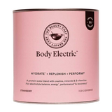 Pink cylindrical The Beauty Chef Body Electric Strawberry canister with thin metal rims, a black circular brand emblem above the product name and a small black creatine badge near the top edge.