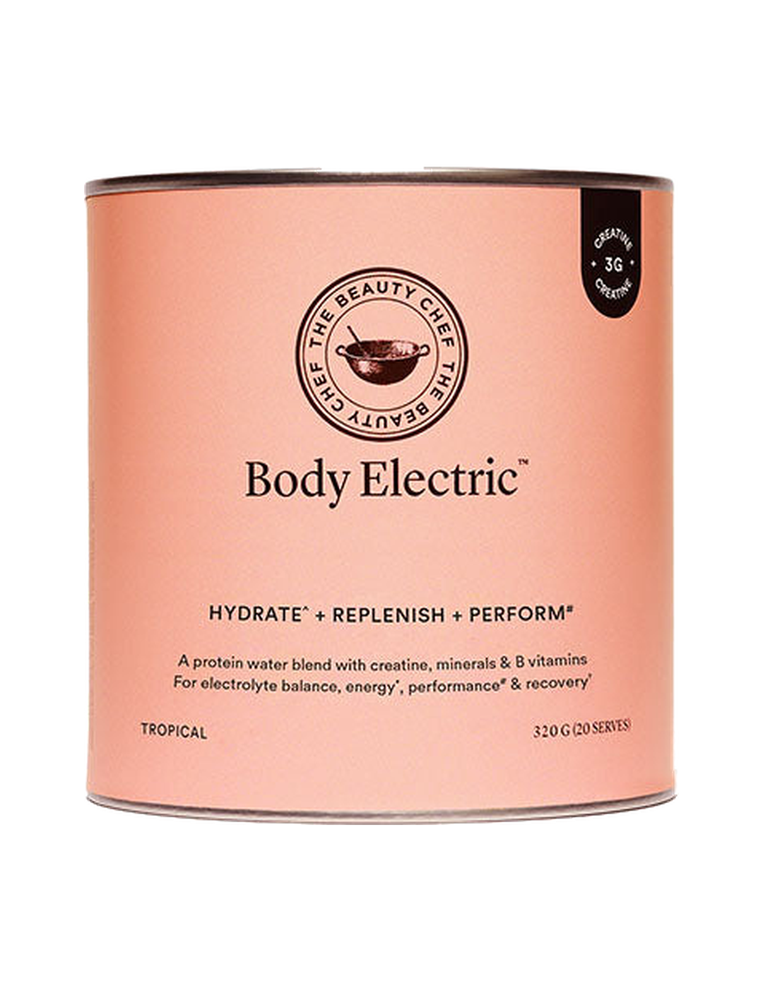 Peach-orange cylindrical The Beauty Chef Body Electric Tropical canister with thin metal rims, a black circular brand emblem above the product name and a small black creatine badge near the top edge.